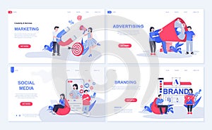 Marketing and advertising web concept for landing page in flat design. Social media promotion, branding and business identity, e-