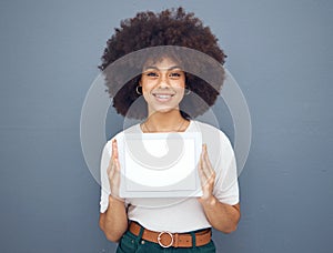 Marketing, advertising and woman with paper for business, sales and corporate news against a grey mockup studio