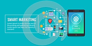 Smart marketing, mobile application development, mcommerce concept. Flat design marketing vector banner. photo