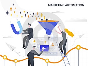 Marketing Automation and Lead Generation flat vector illustration. The process of attracting potential customers to the