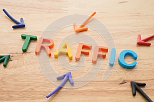 Marketing business, commerce and digital marketing strategy concept. Color highlight arrows pointing around TRAFFIC letters