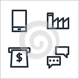 Marketing business line icons. linear set. quality vector line set such as chats, atm, factory