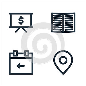 marketing business line icons. linear set. quality vector line set such as pin, calendar, text book
