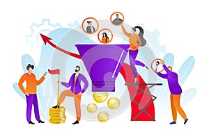 Marketing business sales funnel, high conversion, vector illustration. Cone icon, cash flow financial chart. Client