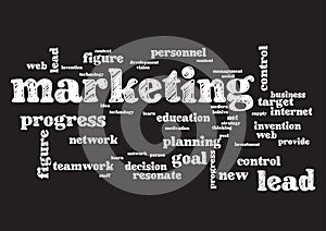 Marketing business topic Collage of words on black background