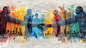 Marketing communication concept. Silhouette of business persons shaking hands. Business people handshake in colorful