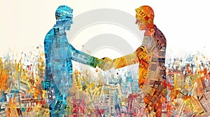 Marketing communication concept. Silhouette of business persons shaking hands. Business people handshake in colorful