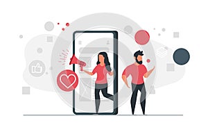 Marketing concept business illustration with people. Woman with megaphone and man with with strategy social media marketing.