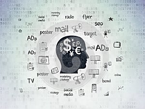 Marketing concept: Head With Finance Symbol on Digital Data Paper background