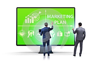 Marketing concept illustration with businessman pressing button