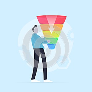 Marketing conversion, consumer-focused purchase or sales funnel concept. Business character marketer holding funnel with