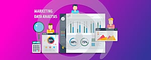 Marketing data analysis, dashboard showing digital analytics, information, demographic status, engagement rate, conversion concept