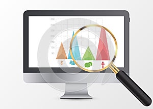 Marketing data analytics, analyzing statistics chart. Magnifier. Vector