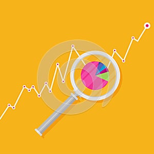 Marketing data analytics, analyzing statistics chart, magnifying glass with stock market graph figures. Flat icon modern design