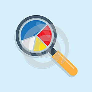 Marketing data analytics, with magnifying glass icon and pie chart