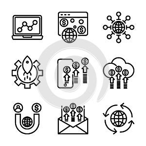 Marketing digital icon set include advertising,promotion,globe,gear,phone,cloud,magnet,mail