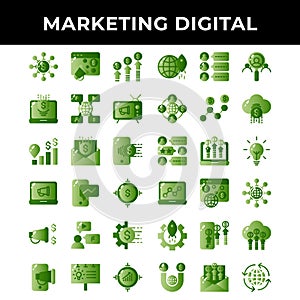 Marketing digital icon set include promotion,advertising,mail,phone,laptop,microphone,promotion,gear,banner,target,network,money, photo