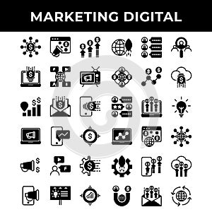 Marketing digital icon set include promotion,advertising,mail,phone,laptop,microphone,promotion,gear,banner,target,network,money, photo