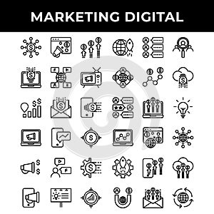 Marketing digital icon set include promotion,advertising,mail,phone,laptop,microphone,promotion,gear,banner,target,network,money, photo