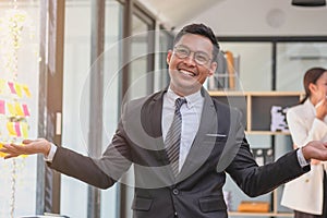 Marketing, Financial, Accounting, Planning, business man expresses his joy at making annual profits for a successful company