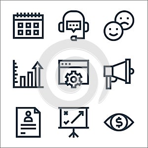 Marketing and growth line icons. linear set. quality vector line set such as eye, strategy, cv, advertisement, settings, profits,