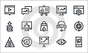 Marketing and growth line icons. linear set. quality vector line set such as smartphone, strategy, pyramid, eye, pie chart,