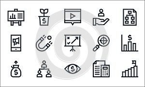 Marketing and growth line icons. linear set. quality vector line set such as goal, eye, money bag, budget, hierarchy, smartphone,