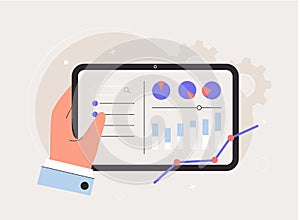 Marketing industry, business analysis concept. Hand holds tablet. Design infographi project, statistics, diagram in