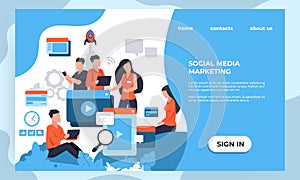 Marketing landing page. SEO and business analytic concept with cartoon characters, web page design template. Vector photo