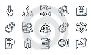 marketing line icons. linear set. quality vector line set such as feedback, article, smartphone, global communication, uce, time