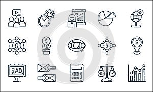 marketing line icons. linear set. quality vector line set such as insight, budget, advertising, time, email, network, crowdfunding