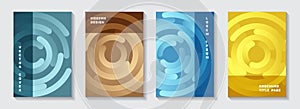 Marketing magazine front pages set. Digital banner circles spiral motion vector backdrops. Aim goal