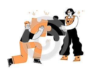 Marketing with Man and Woman Character Interlocking Jigsaw Puzzle Vector Illustration