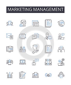 Marketing management line icons collection. Sales strategy, Business development, Brand management, Product placement