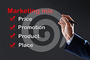 Marketing mix. Businessman demonstrating 4P principles, closeup