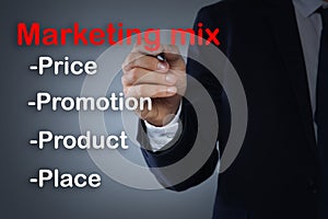 Marketing mix. Businessman demonstrating 4P principles, closeup