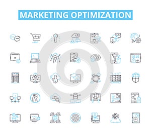 Marketing optimization linear icons set. Analytics, Strategy, Conversion, Automation, Personalization, Targeting