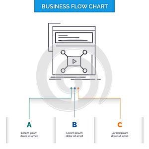 Marketing, page, video, web, website Business Flow Chart Design with 3 Steps. Line Icon For Presentation Background Template Place