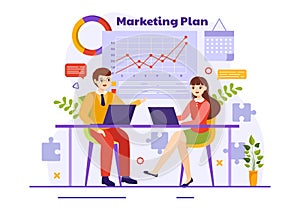 Marketing Plan and Business Strategy Vector Illustration with Effective Time Planning and Budget Growth in Target Flat Cartoon