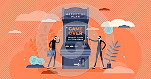 Marketing plan fail, creative gamer over concept, tiny business person illustration