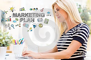 Marketing Plan with happy young woman in front of the computer