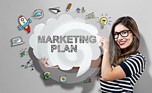Marketing Plan text with woman holding a speech bubble