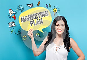 Marketing Plan with woman holding a speech bubble