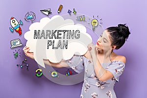 Marketing Plan with woman holding a speech bubble