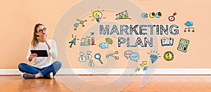 Marketing plan with woman using a tablet