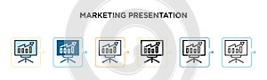Marketing presentation vector icon in 6 different modern styles. Black, two colored marketing presentation icons designed in