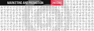 Marketing and promotion linear icons collection. Big set of 299 thin line icons in black. Vector illustration