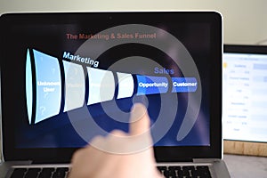 Marketing sales funnel displayed on a computer monitor. Male hand pointing at it. photo