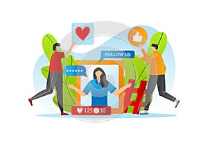 Marketing from screen concept, vector illustration. Flat internet business at online social media, digital communication