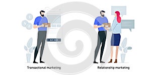Marketing strategies metaphor concept vector illustration set. Transactional marketing and relationship, customer sales
